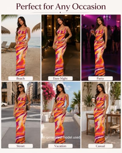 Image of Two Piece Skirt Set for Women - Sexy Sleeveless Spaghetti Strap Pleated Tank Top Maxi Long Skirts Sets