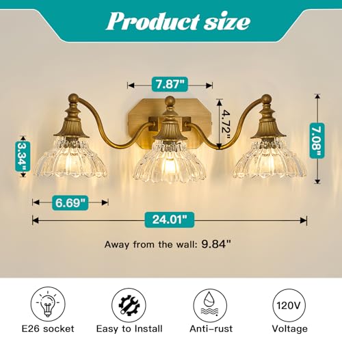 Image of hesoge Vintage Bathroom Light Fixture Brushed Gold Vanity Light with Crystal Glass Shade Antique Brass 3 Light Bathroom Light Over Mirror