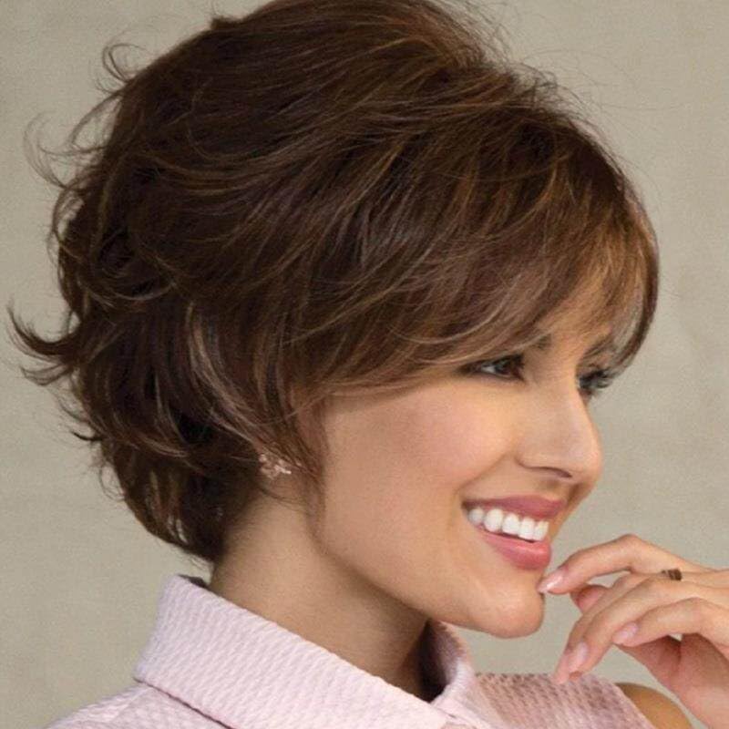 Perruque courte bouclée solution volume cheveux plats frange marron