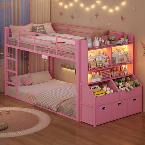 ADORNEVE Low Bunk Bed Twin Size with Bookshelf Toy Organizer & Storage Drawers Metal Floor Bunk Bed Twin Over Twin with RGB Lights & Charging Station Safety Guardrail & Ladder Small Space Pink