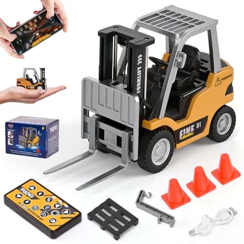 LTFIOON Mini Carretilla Elevadora RC, 1:64 Juguete de Carretilla Elevadora Teledirigida con App y Mando 2,4 GHz, Horquillas y Gancho, Vehículo de Construcción RC con Luces y Sonido