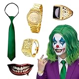 Joker Costume Accessories Set with Green Wig, Tie, Gold Jewelry and Smile Face Tattoo Sticker for Halloween