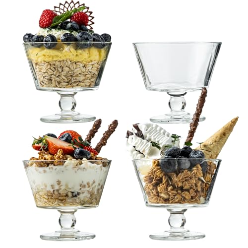 JGKYLDZ Vintage Glass Dessert Bowls 9oz Clear Ice Cream Dessert Cups Footed Ice Cream Bowls Glass for Sundaes Yogurt Breakfast Oats Sorbet Ice Cream Cocktail Condiment Trifle (4)