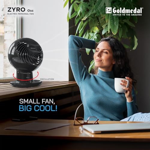 Image of Goldmedal Zyro Osc Electric Small Personal Fan, 180 mm Sweep, Vertical Tilt up to 90 Degree, Jerk Free Oscillation, Aerodynamic Designed Blades for High Speed, Compact Design for Small Spaces - Black
