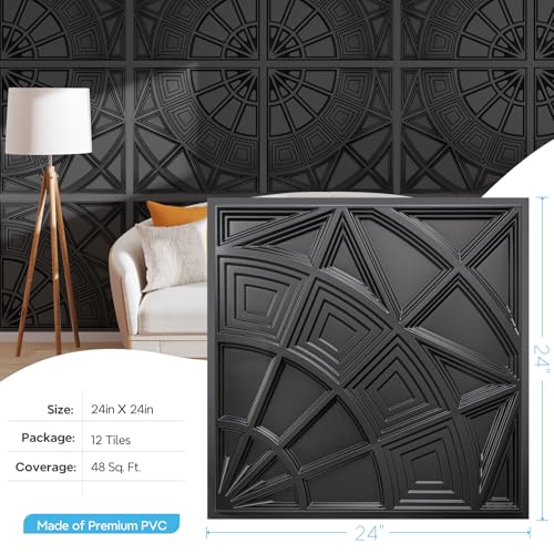 STICKGOO 3D Ceiling Tiles 24\"x24\", Modern Geometric Textured PVC Panels, Waterproof & Recyclable Drop or Glue-Up Decorative Ceiling Tiles for Home & Commercial Use (Pack of 12, Black)