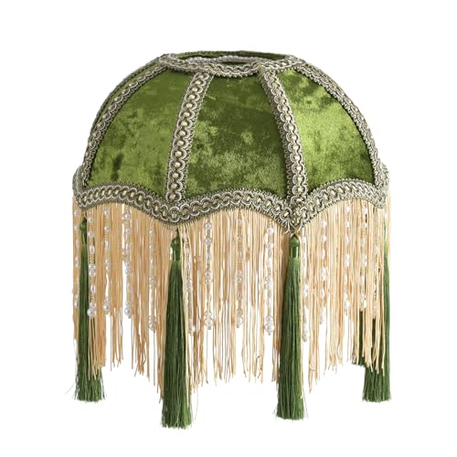 xiaojuande-Lampshade with tassels Premium Classic Victorian Style Bell Shape Scallop velvet top replacement lamp 9.8Width 11.3height(olive green)