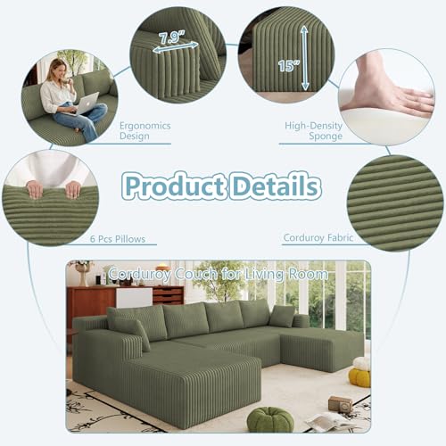 Image of 124 inch Boneless Cloud Couch Sectional Couches Sofa for Living Room | Modular U-Shaped Couch, Comfy Modern Corduroy Memory Foam Sofas with Deep Seat, Ottoman, Oversized Chaise (Green)