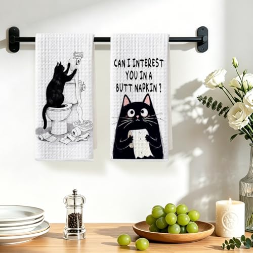 Image of Hanamiya Na 2Pcs Funny cat Hand Towel for Bathroom 24x14 Inch, Funny Absorbent Microfiber Dish Cloth Bathroom Towel, Waffle Weave Hand Towels for Toilet Home, Cat Lover Gifts