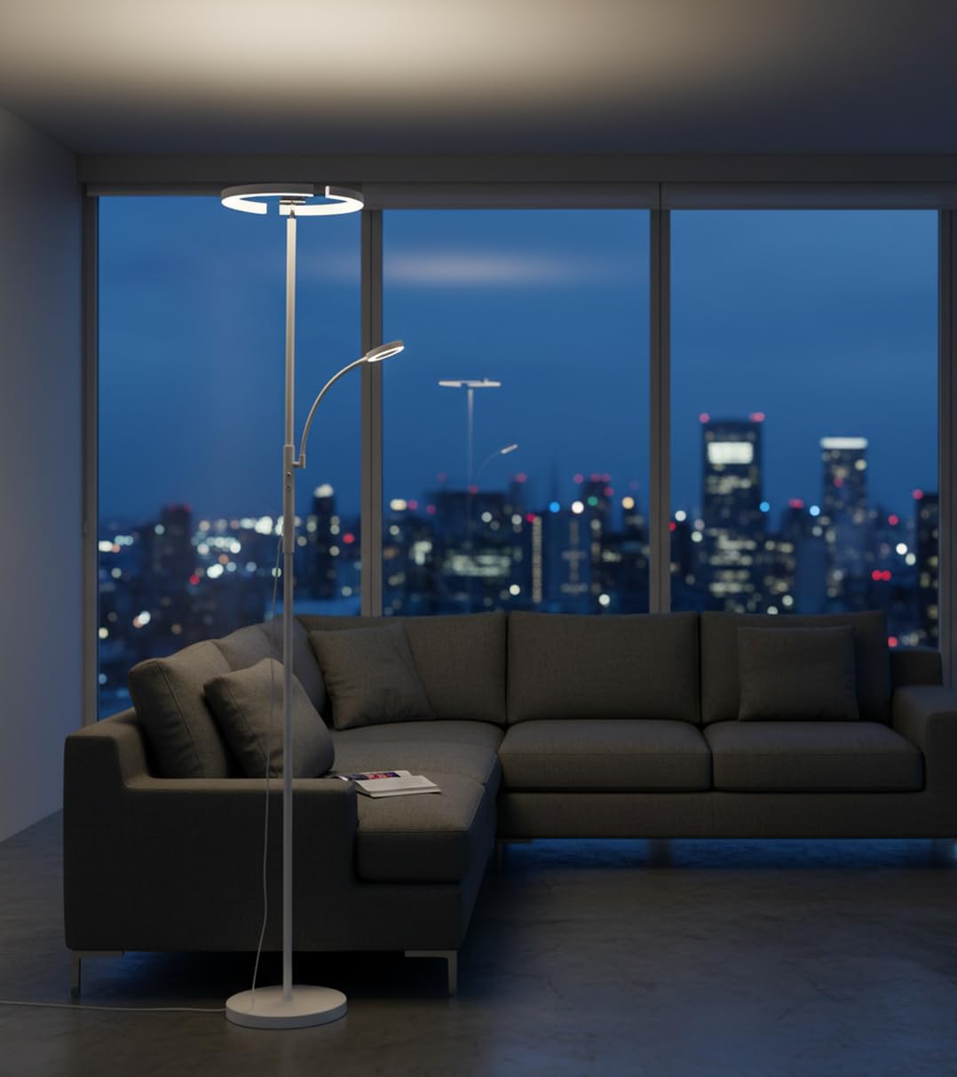 BEL AIR HOME - Lámpara de Pie de Salón IRIS - Led 20W+7W con Dimmer, 3000K 4000K 6500K, Diseño Moderno, Protección Ocular y Altura de 175.8cm (BLANCO)