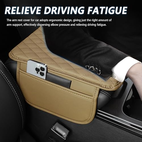 Image of Stacool Upgraded Car Center Console Cover,Microfiber Leather Car Armrest Cover Cushion with 2 Storage Bags,Universal Car Armrest Storage Box (Beige)