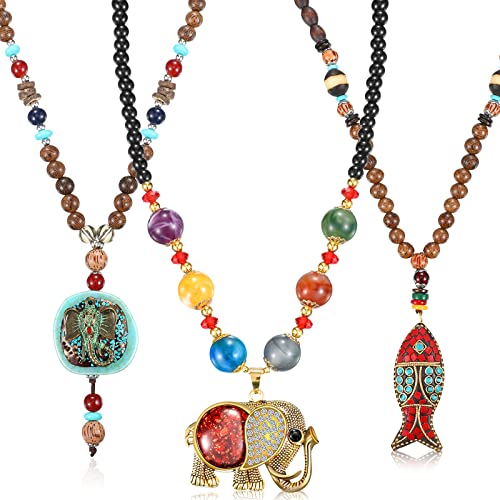 3 Pcs Boho Long Pendant Necklaces For Women Boho Long Wooden Beaded Necklace Handmade Turquoise Fish Elephant Necklace Boho Jewelry With Storage Bag For Women Girls #TOP22