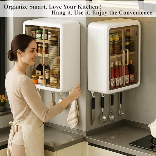 Image of Bathroom Organiser Without Drill Plastic Wall Mounted Storage Cabinet for Kitchen and Bathroom Organizer with Magic Stickers Adjustable Shelves & Door| Organiser for, Essentials, Makeup(1pc);