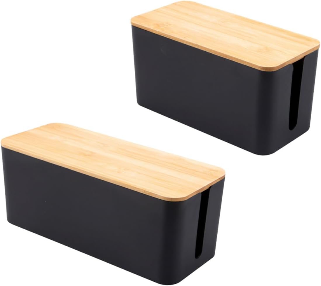 2pcs Cable Management Box Black Wood Outlet Cover for Organizing Cords Home Office Living Room Gaming Spaces