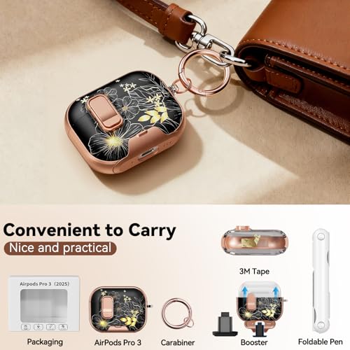 Image of for AirPods Pro 3 Case 2025 with Safety Lock-Black Gold Leaves | As Phone Stand, for Women Girly, with Keychain & Cleaner Kit,Two-Piece Design,Support Wireless Charging,Clear TPU+PC Material