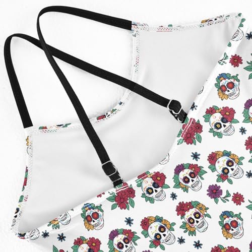 senya Girls Swimsuits One-Piece Swimwear Tie Bathing Suit Beach Summer Round Neck 7-8T Skull Flower Pattern4