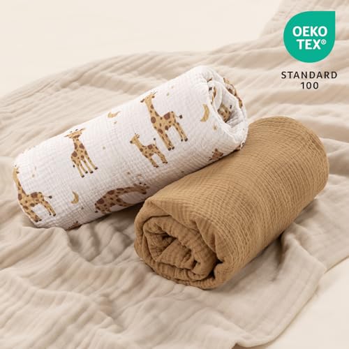 Image of david's kids Muslin Mini Crib Sheets, 2 Pack Cotton Pack N Play Sheets for Boys Girls Neutral, Soft Breathable Baby Sheets Fit Pack N Play, Playard and Mini Crib Mattresses, Giraffe