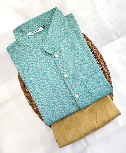 Image of Men Regular Full Sleeve Silk Cotton Kurta with Golden Pajama Set (XL, Sea Green)