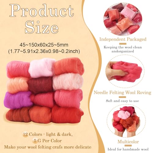 Image of Magibeasd 1.94 oz Wool Roving for Needle Felting Nature Wool Yarn Kit Variety Red Tones for Beginners Felted Crafts DIY Materials Hand Spinning Supplies