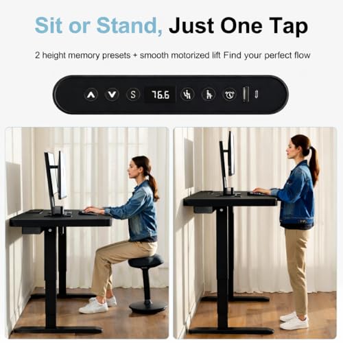 Image of H25 Electric Height Adjustable Desk with Wireless Charging, USB & Type-C Ports, Storage Drawer| Child Safety Lock | Sit-Stand Office Table, Black Top & Black Frame, 3-Year Warranty | DIY