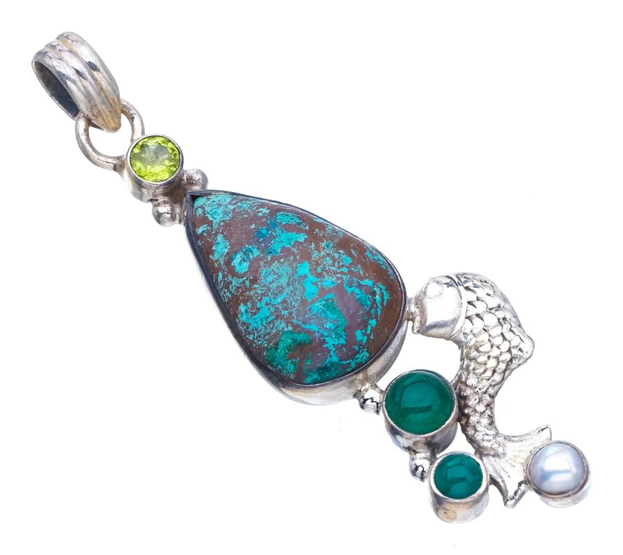 Pendentif péridot et chrysocolle en argent, cadeau artisanal
