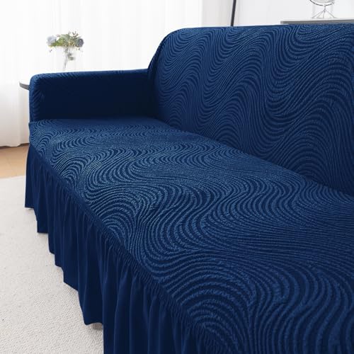 Image of HOKIPO 240 GSM Premium Jacquard Sofa Cover 3 Seater Fully Covered, 'Serene Wave Series' Navy Blue (AR-6354-NBL)
