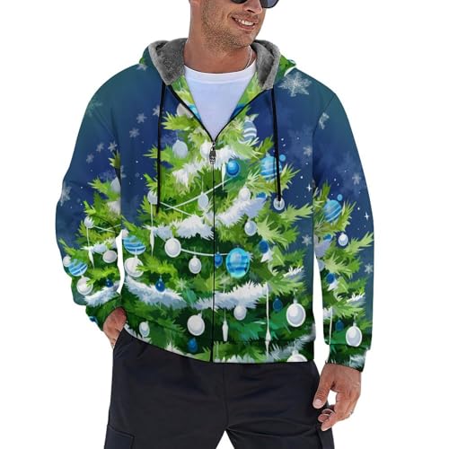 Veste polaire homme zippée chaude sweat à capuche hiver bleu blanc motif sapin veste entièrement zippée