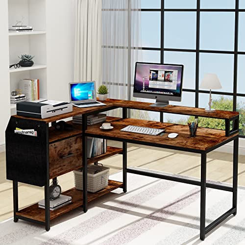 Loomie Reversible L Shaped Computer Desk With Drawer, 55" W X 41" D Industrial Corner Computer Desk With 4 Tier Storage Shelves & Monitor Stand And Storage Bag, Study Table For Home Office, Rustic #TOP1