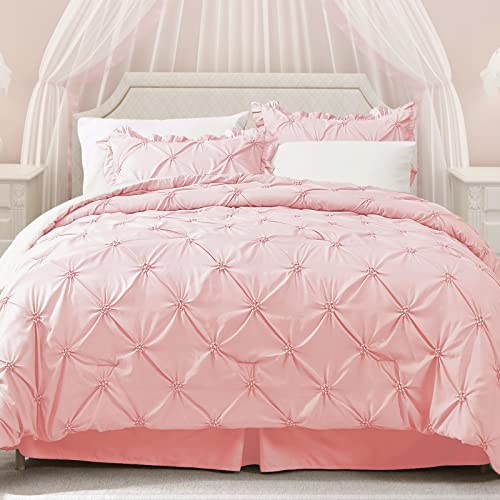 JOLLYVOGUE King Size Comforter Set 7 Pieces, Pink/Ivory Bed in a Bag Comforter Set for Bedroom, Beddding Sets with Comforter, Sheets,Ruffled Shams & Pillowcases