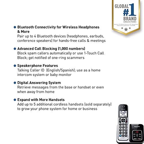 Panasonic Cordless Phone System, Bluetooth Pairing For Wireless Headphones And Smart Call Block And Bilingual Talking Caller Id, 1 Handset Expandable Up To 6 Cordless Handsets - Kx-Tgd890S (Silver) #TOP1