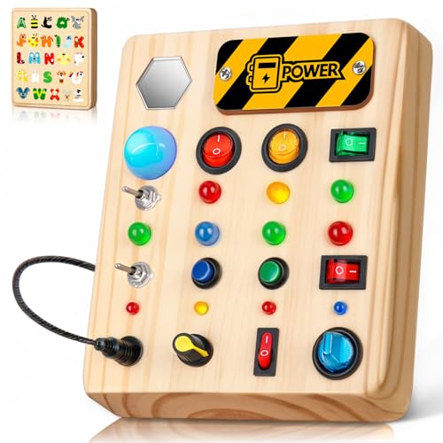 Image of TINTECUSA LED Busy Board, Wooden Sensory Toys for Toddler, Montessori Music Toy for Airplane, Travel Activity Educational Learning Toy, Busy Light Switch Autism Toys, Birthday Boys Girls Gifts