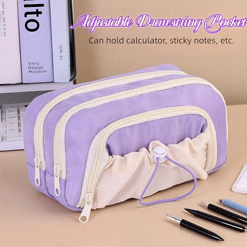 Image of FINPAC Pencil Case, 5-Layer Large Capacity Pen Case with Drawstring, Durable Stylish Bag Pouch Holder Box Organize for Study, Office, or Travel (Purple)