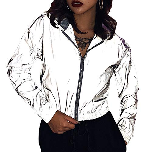 GEMSeven Chaquetas De Cuello Vuelto Reflectantes para Mujer Abrigo Corto De Manga Larga Chaqueta Básica para Mujer