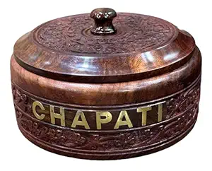 ZN Enterprises Wooden Sheehsam Solid Letter Print Floral Chapati Box Casserole for Roti | Brown 1 Piece 9 Inch Diameter