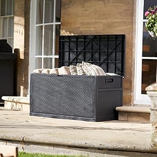 SA Products 460L Weatherproof Rattan Effect Outdoor Storage Box - Heavy Duty Extra Large Garden Storage Box - Outdoor Storage Box Waterproof Ideal for Furniture Cushions, Parcels, Tools, Toys - Black