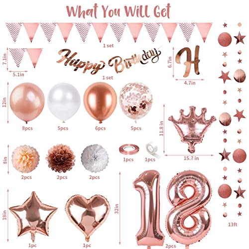 Image of 18th Birthday Decorations for Girls Rose Gold, Number 18 Birthday Balloons with Crown Heart Star Foil Balloons Pom Poms Happy Birthday Circle Dot Bunting Banner for 18th Girls Birthday Party Supplies