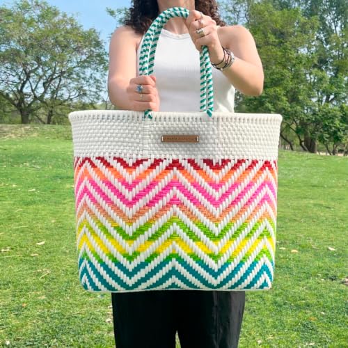 Image of MARIA VICTORIA Handwoven Plastic Mexican Tote Bag Large For Women, Waterproof, Lightweight, Multi-Color Design, Perfect for the Beach, Shopping, and Everyday Use, Ritmo Large