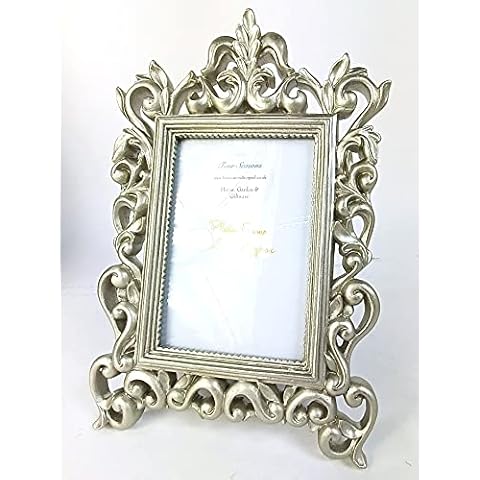 Vintage Belle Photo Picture Frame 5x7' or 6x4 Ornate Baroque style Champagne Silver Colour Scroll Freestanding Portrait (4x6) Cover