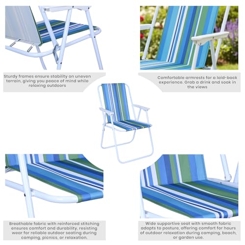 Image of ORILEY Folding Beach Chair with Arm Rest Portable Lightweight Rainbow Stripped Foldable Fishing Chairs for Travelling Picnic & Outdoor Camping Hiking (Medium, Blue and Green Stripe)