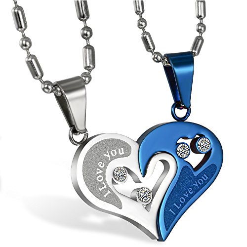 Cupimatch 2-Piece Stainless Steel Couple Necklace Rhinestone I Love You Heart Puzzle Matching Pendant with Chain (Blue) for Valentines Day