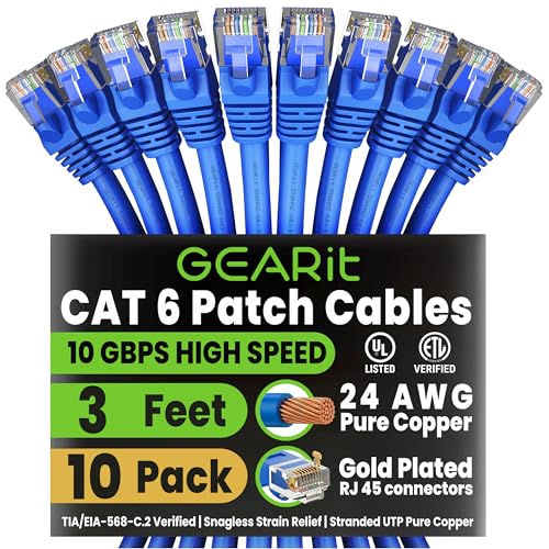 GEARit Cat 6 Ethernet Patch Cable 3 ft Blue (10 Pack) - Cat6 Patch Cables 3ft Blue/Ethernet Patch Cable 10Gbps 550MHz 24AWG Pure Copper Snagless Gold Plated RJ45 for Router Server Router PC