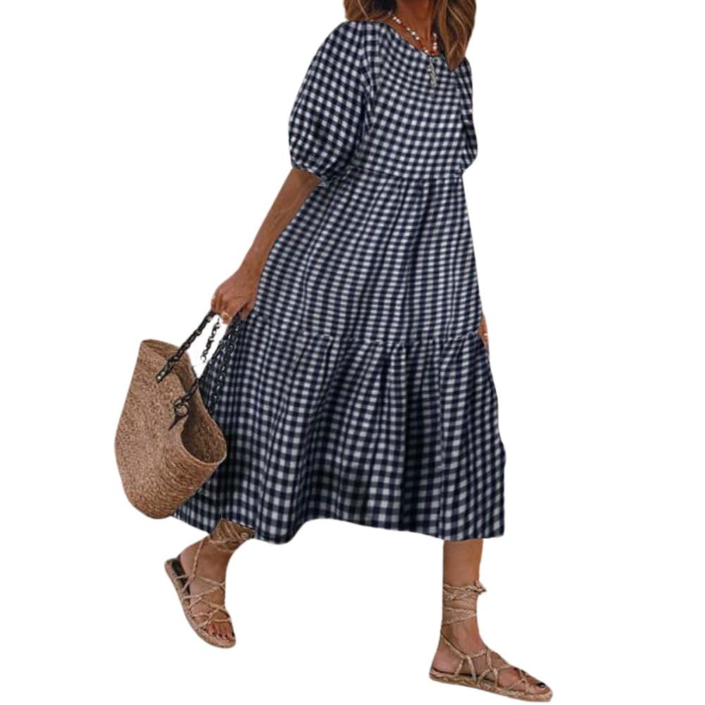 chouyatou Women's Retro Lantern Puff Sleeve Plaid Dress Gingham Swing Tiered Midi Long Dress