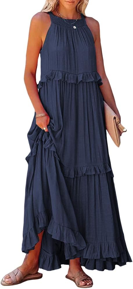 Womens Summer Boho Halter Maxi Dresses Summer 2024 Casual Sleeveless Tiered Long Flowy Vacation Beach Dress