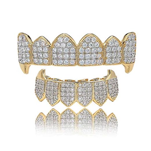LKV 14K Plated Gold Grillz for Men and Women Gold Grills Teeth All Iced Out CZ Top and Bottom Vampire Mouth Grill with Extra Molding Bars(Gold, Top and Bottom)