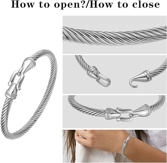 Stainless Steel Cable Wire Open Cuff Adjustable Size Bangle Zircon inlaid Bracelet - Image 2