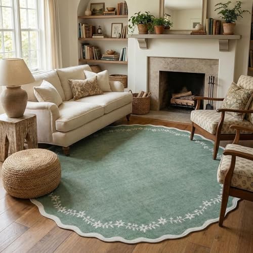 GarveeHome Large Round Rug 8ft Scalloped Washable Circle Living Room Rug