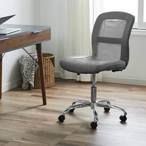 Image of Serta Essential Armless TaskChair, Small Desk Chairs with Wheels, Breathable Mesh Back and Faux Leather, Quality Foam Cushion Seat for Comfort, Minimal Design for Vanity Table, Gray