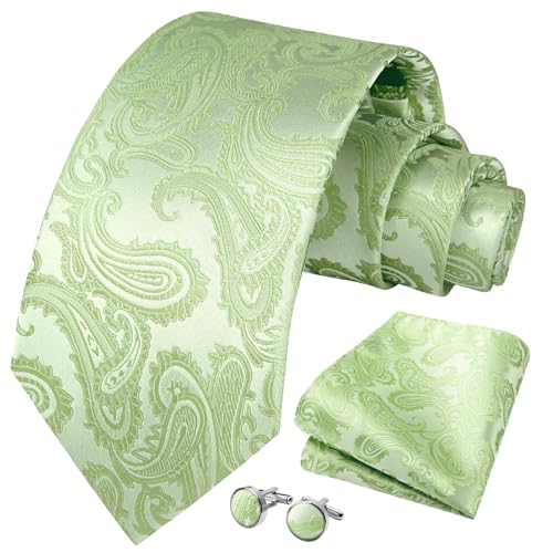 Enlision Ties for Men Paisley Floral Mens Ties and Pocket Square Cufflinks Set Classic Sage Green Paisley Tie Business Necktie for Wedding