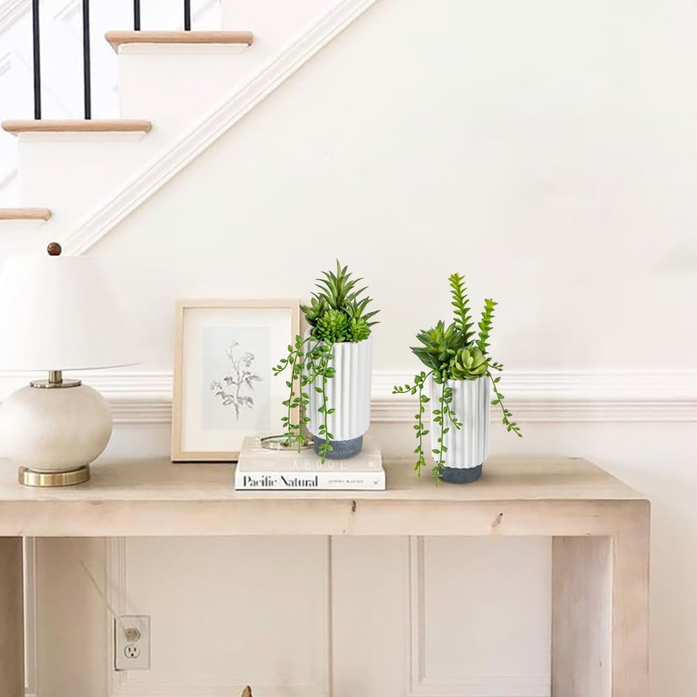 Hollyone Artificial Succulents Plants Set of 2 Faux Succulents 9" Fake Succulent Plants in Ceramic Pot Succulent Plant for Desk Modern Home Living Room Office Table Shelf Bathroom Decor - Image 4