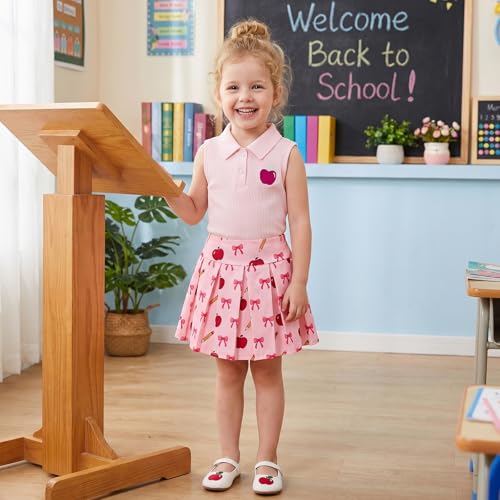 Image of BeQeuewll Back to School Toddler Girl Outfit 2Pcs Knit Top Pleated Skirt Set Girls