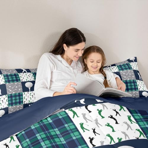 Image of Feelyou Golf Comforter Set King Size Blue Green Plaid Buffalo Check Geometric Bedding Set for Kids Boys Girls Sports Theme Duvet Quilt Bedroom Decor Microfiber 3 Pcs with 2 Pillow Cases